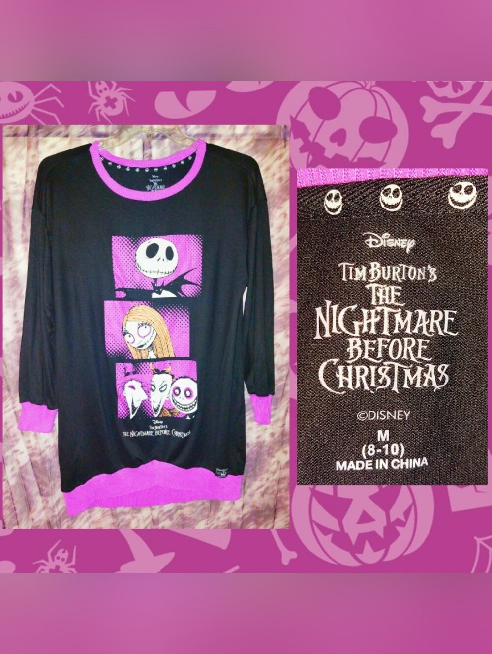 Disney Blk/Multiclr A Nightmare Before Christmas Soft Sweater Nightshirt Sz Med